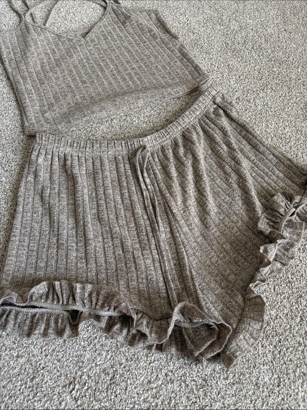 Like new. Cozy Ribbed Cami & Ruffle Short Set - Taupe - Picture 2 of 4